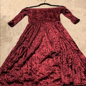 Maroon crushed velvet off the shoulder dress.